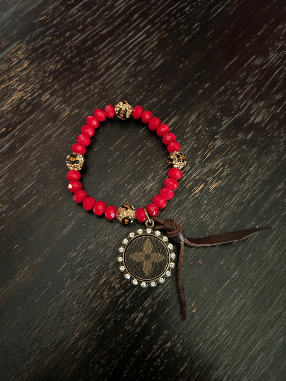 Red Beaded Stretch Bracelet with Rhinestone-Edged Monogram Pendant